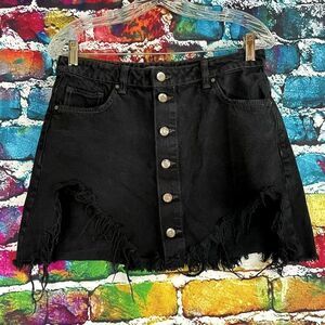 Zara Black Denim Button Front Skirt Raw Hem Size Medium